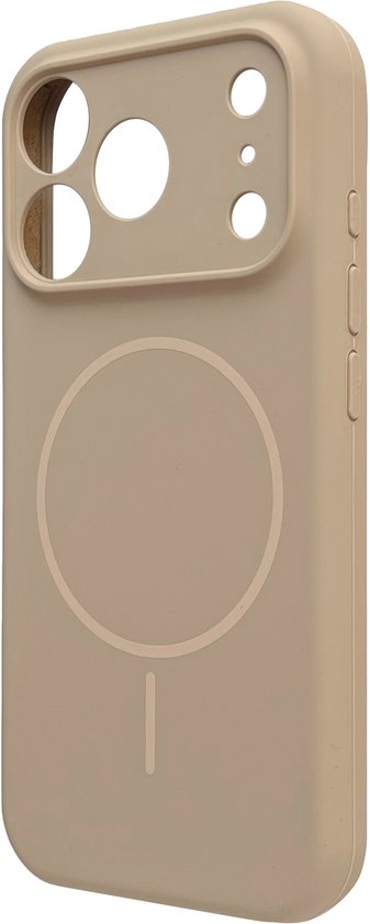 Zand beige telefoonhoesje, zijkant zichtbaar, met camera-uitsparing en magnetisch accent.