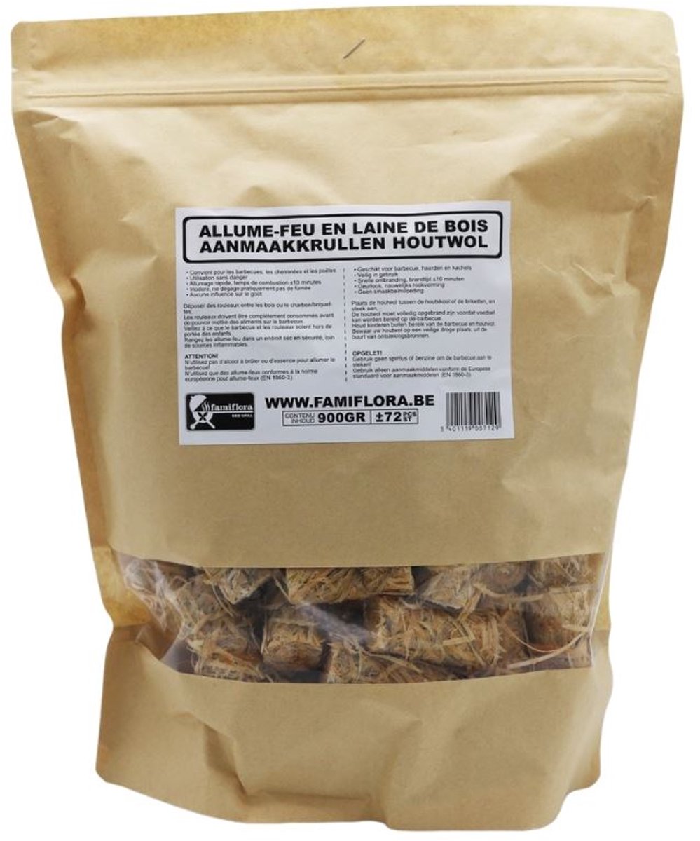 Famiflora houtwol aanmaakkrullen - 900 gram (ca. 72 stuks) - Maakt vuur aansteken eenvoudig en snel zonder rook of geur - Veilig in gebruik, ideaal voor BBQ, haard of kachel