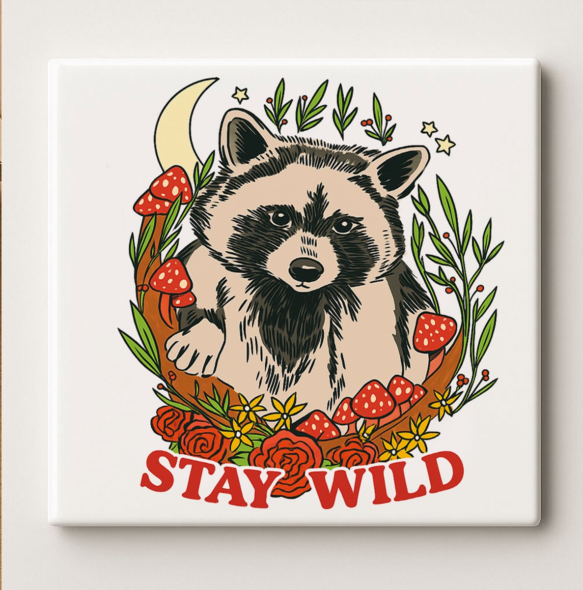 Nevolis Stay Wild Wasbeer Tegel 15x15 cm – Schattig Bosdier Ontwerp | Boho Natuur Muurdecoratie | Keramisch Cadeau voor Dierenliefhebbers Multi Color