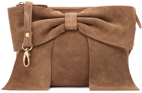 Manfield Taupe Suède Clutch Met Strik Met Ritssluiting - Maat Onesize
