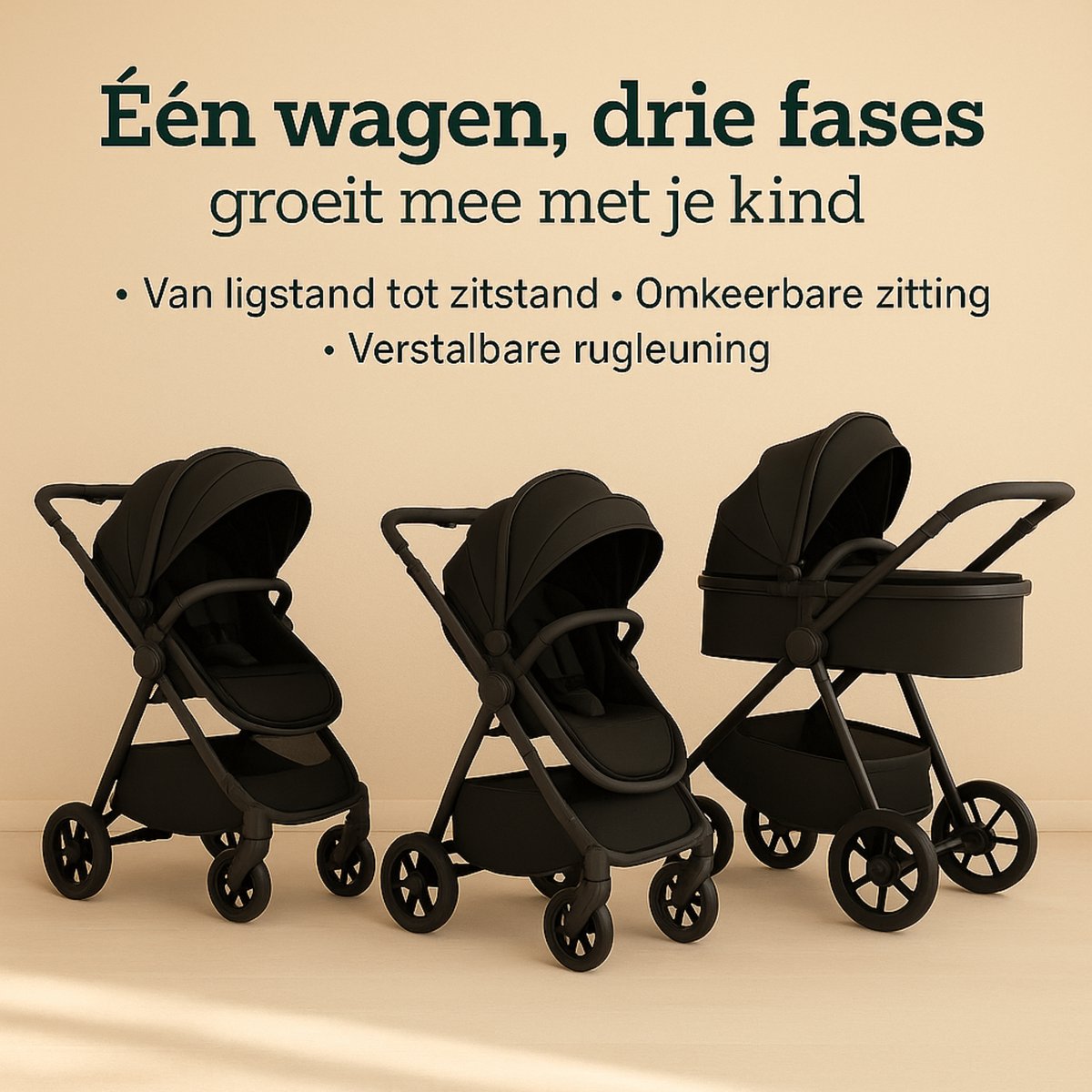 Lunola Oria Kinderwagen 3-in-1 met Autostoel - Full Black - afbeelding 3