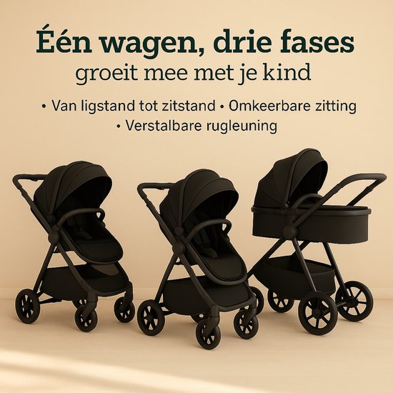 Lunola Oria - Kinderwagen 3-in-1 - Multifunctionele Buggy 3in1 - Wandelwagen - Stroller - Met Autostoel - Full Black van Merkloos — afbeelding 2