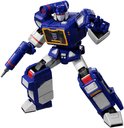 Blauwe en witte Transformer robot met wapen in linkerhand, vuurt een straal af.