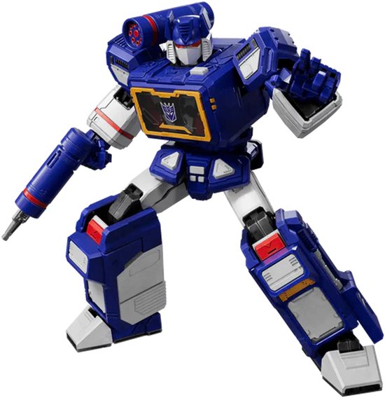 Blauwe en witte Transformer robot met wapen in linkerhand, vuurt een straal af.