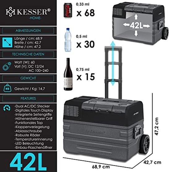 KESSER® Compressor Koelbox 42L Elektrische Frigobox met 2x Koelelementen APP-bediening USB-aansluiting 12/24V 230V en Telescopische stangwielen tot -20 °C - Coolbox voor auto en camping Antraciet van Merkloos — afbeelding 5