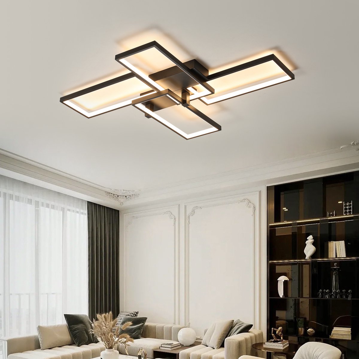 CHIWIN LED Plafondlamp - Dimbaar Plafonniere - Moderne Dimbare Plafondverlichting met Afstandsbediening voor Woonkamer Slaapkamer en Kantoor - 90x65cm - Zwart