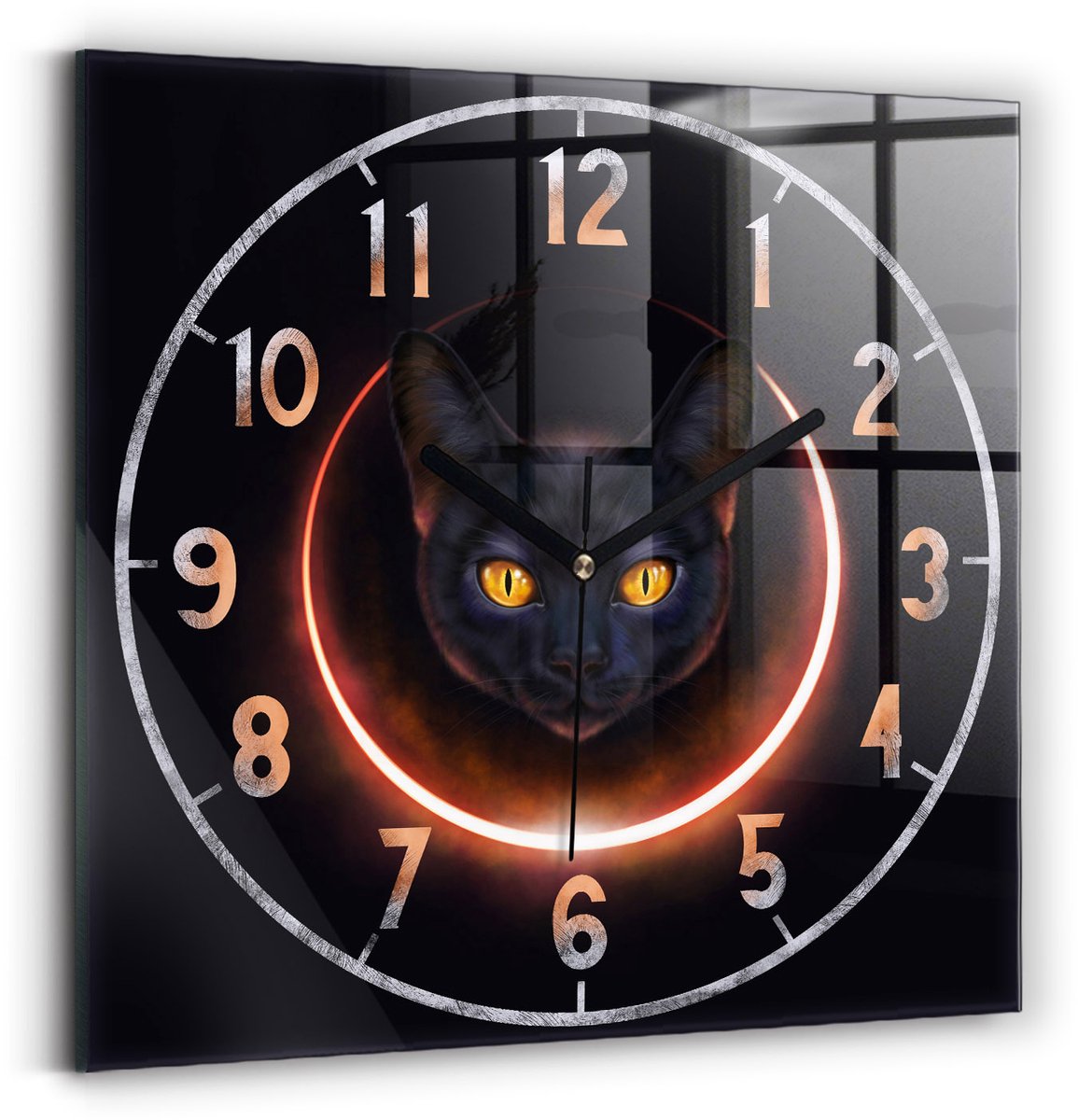 Wallfluent Wandklok - Magische kat Stijlvolle Klok - 30 cm x 30 cm - Zwart Wandklok - Zwarte Handen - Klok zonder getallen - Wandklok voor in de Keuken - Decoratieve Wandklok - Design Wandklok - Klok met Afbeelding
