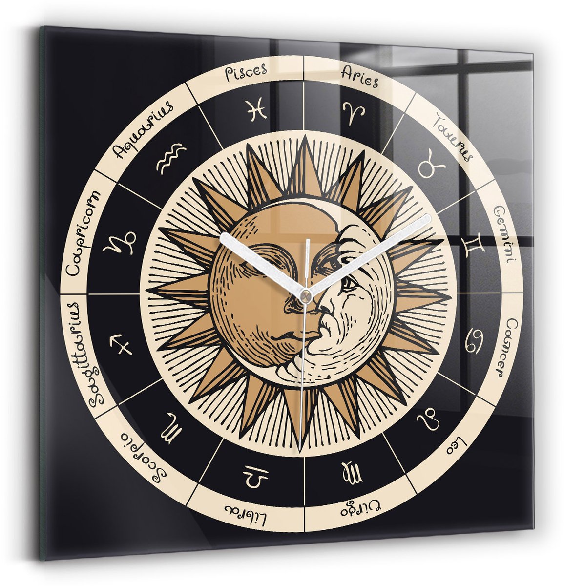 Wallfluent Wandklok - De zon en de dierenriem Klok met Afbeelding - 30 cm x 30 cm - Veelkleurig Wandklok - Witte Handen - Klok zonder getallen - Wandklok voor in de Keuken - Decoratieve Wandklok - Design Wandklok - Klok als Muurdecoratie
