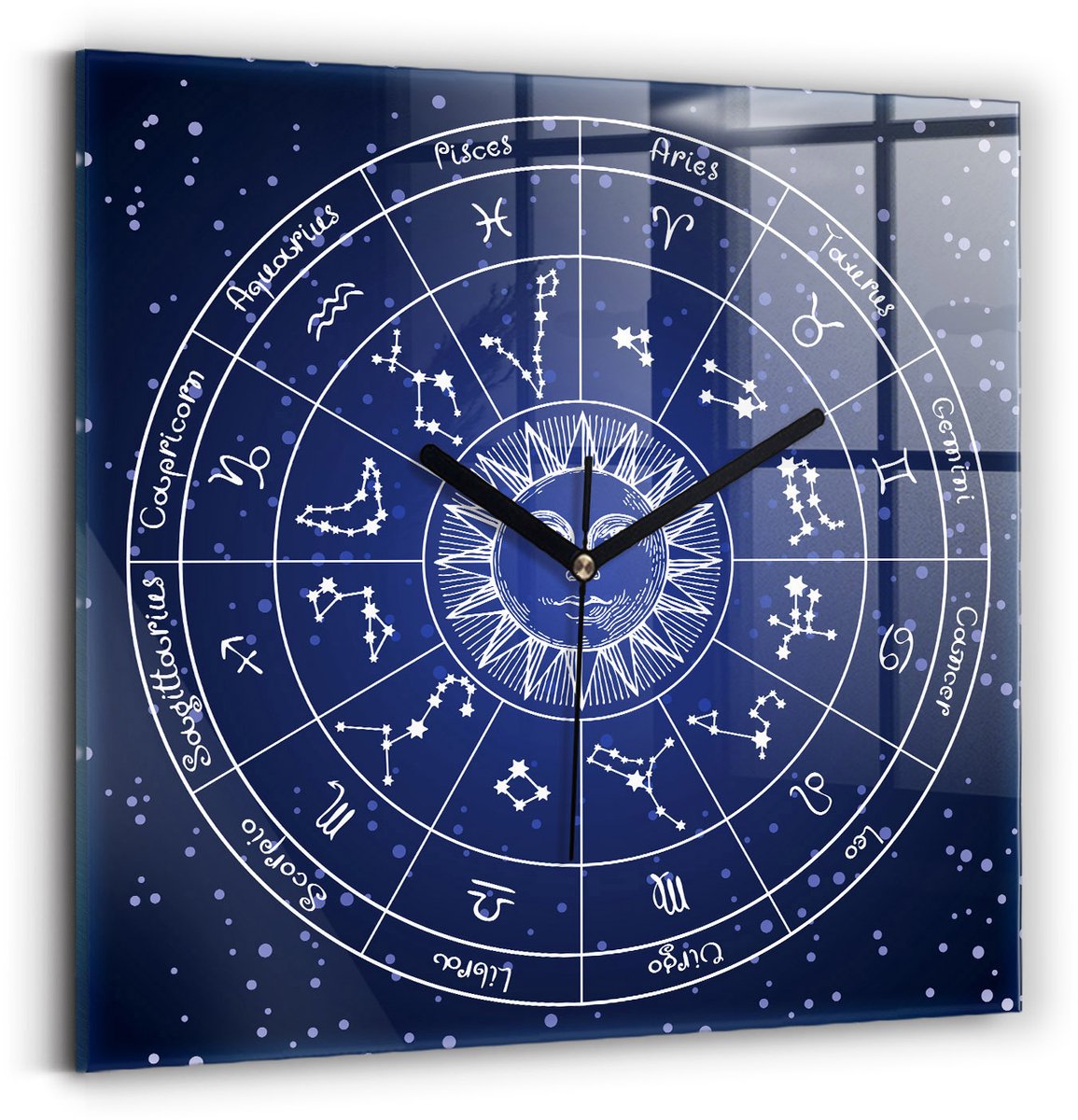 Wallfluent Wandklok - Dierenriemconstellaties Unieke Wandklok - 30 cm x 30 cm - Blauw Wandklok - Zwarte Handen - Wandklok zonder cijfers - Stille Wandklok Slaapkamer - Klok met Afbeelding - Moderne Wandklok - Decoratieve Wandklok
