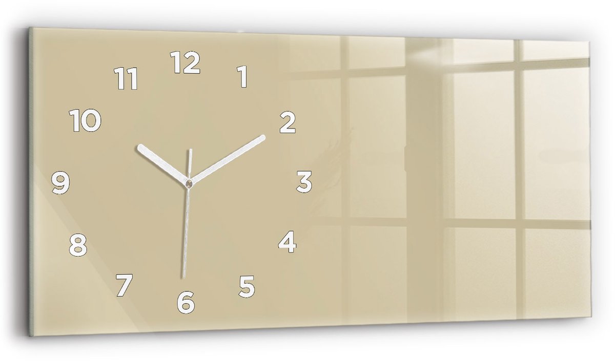 Wallfluent Wandklok - Beige Rechthoekige Glazen Wandklok - 60 cm x 30 cm - Beige Wandklok - Witte Handen - Wandklok Met Cijfers - Wandklok voor in de Keuken - Glazen Klok Rechthoekige - Minimalistisch Wandklok - Rechthoekige Glas Klok