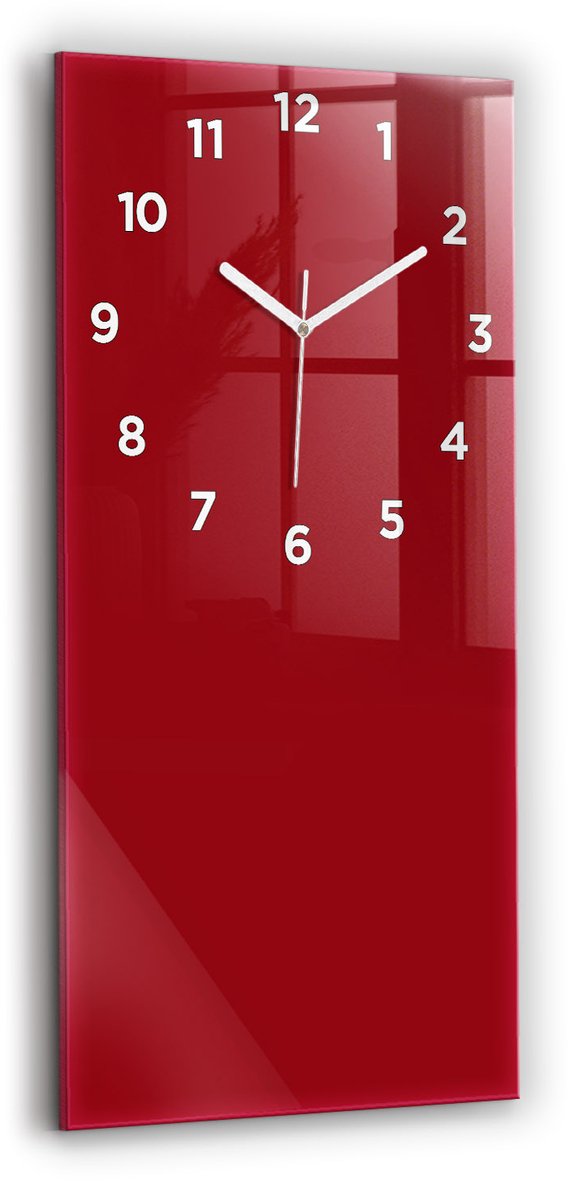 Wallfluent Wandklok - Rood Glazen Klok Rechthoekige - 30 cm x 60 cm - Rood Wandklok - Witte Handen - Wandklok Met Cijfers - Wandklok Glas Woonkamer - Rechthoekige Glas Klok - Industrieel Wandklok - Rechthoekige Glazen Wandklok