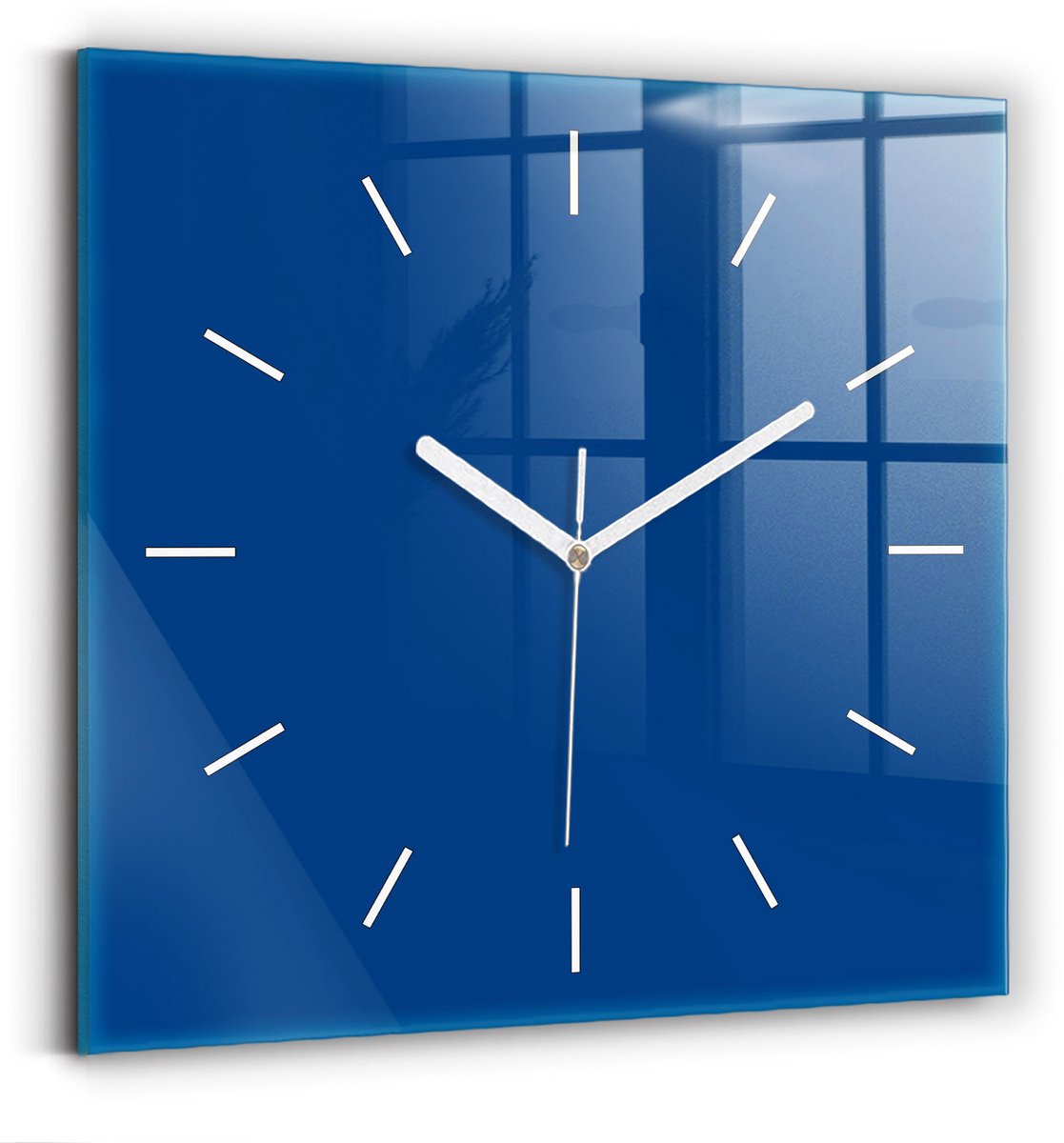 Wallfluent Wandklok - Blauw Vierkante Glas Klok - 30 cm x 30 cm - Blauw Wandklok - Witte Handen - Wandklok Zonder Cijfers - Wandklok Glas Woonkamer - Vierkante Glazen Klok - Minimalistisch Wandklok - Vierkante Glazen Wandklok