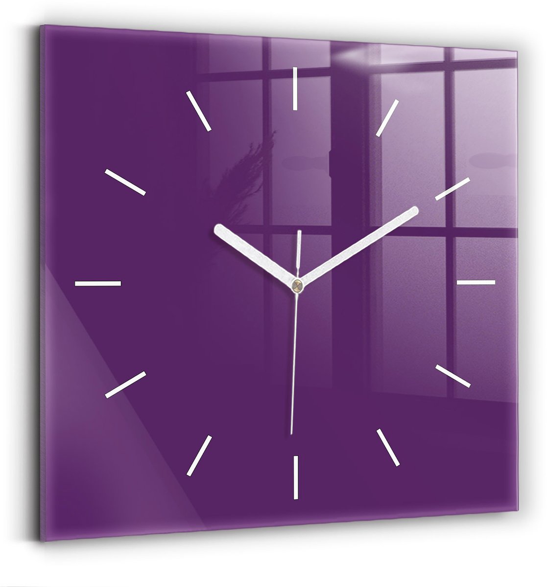 Wallfluent Wandklok - Paars Vierkante Glazen Klok - 30 cm x 30 cm - Paars Wandklok - Witte Handen - Wandklok Zonder Cijfers - Kinder Wandklok Glas - Vierkante Glazen Wandklok - Industrieel Wandklok - Vierkante Glas Klok