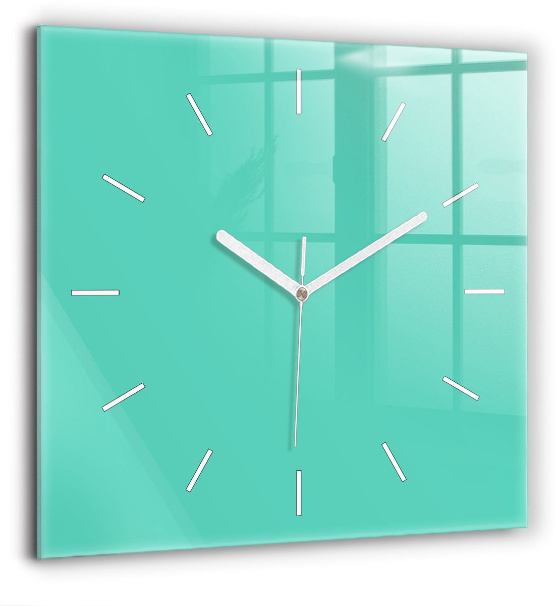 Wallfluent Wandklok - Turkoois Vierkante Glazen Wandklok - 60 cm x 60 cm - Turkoois Wandklok - Witte Handen - Wandklok Zonder Cijfers - Wandklok Glas Woonkamer - Vierkante Glas Klok - Scandinavisch Wandklok - Vierkante Glazen Klok