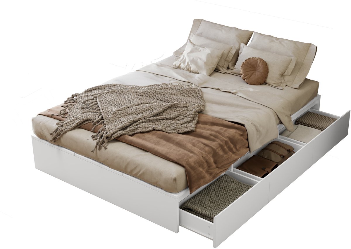 Merax Opbergbed 140x200 – Wit – Tweepersoonsbed met 6 opbergvakken en 3 lades