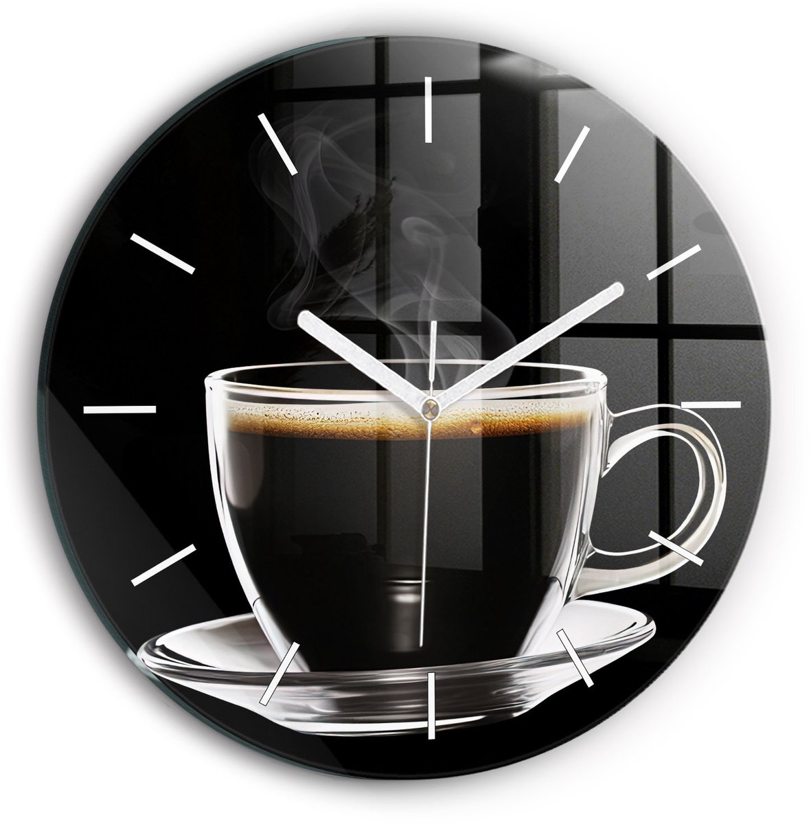 Wallfluent Wandklok - Zwarte koffie Klok met Afbeelding - 30 cm x 30 cm - Zwart Wandklok - Witte Handen - Wandklok Zonder Cijfers - Wandklok voor in de Keuken - Ronde Glas Klok - Industrieel Wandklok - Unieke Wandklok