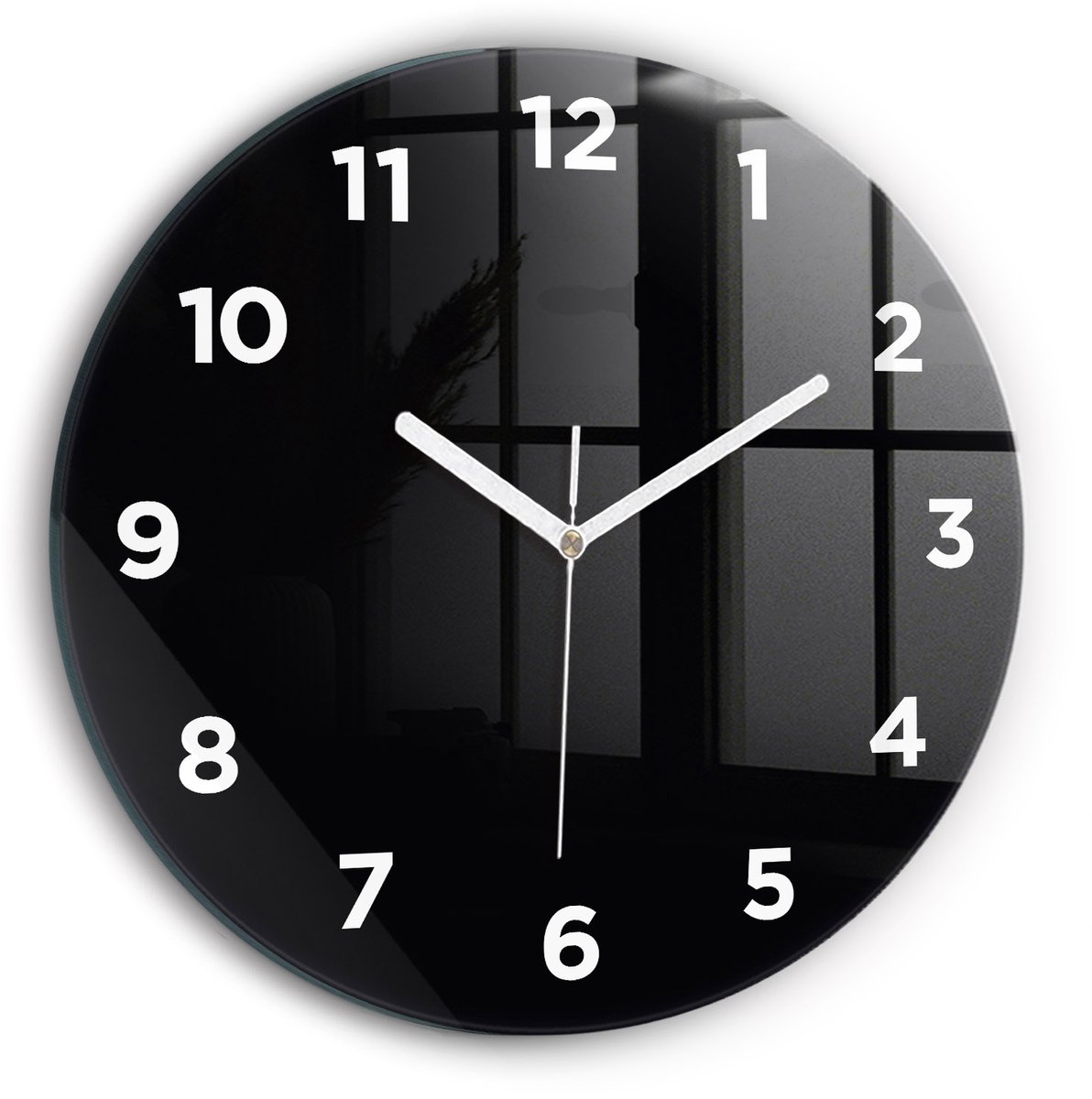 Wallfluent Wandklok - Zwart Ronde Glazen Wandklok - 30 cm x 30 cm - Zwart Wandklok - Witte Handen - Wandklok Met Cijfers - Stille Wandklok Slaapkamer - Ronde Glas Klok - Scandinavisch Wandklok - Ronde Glazen Klok