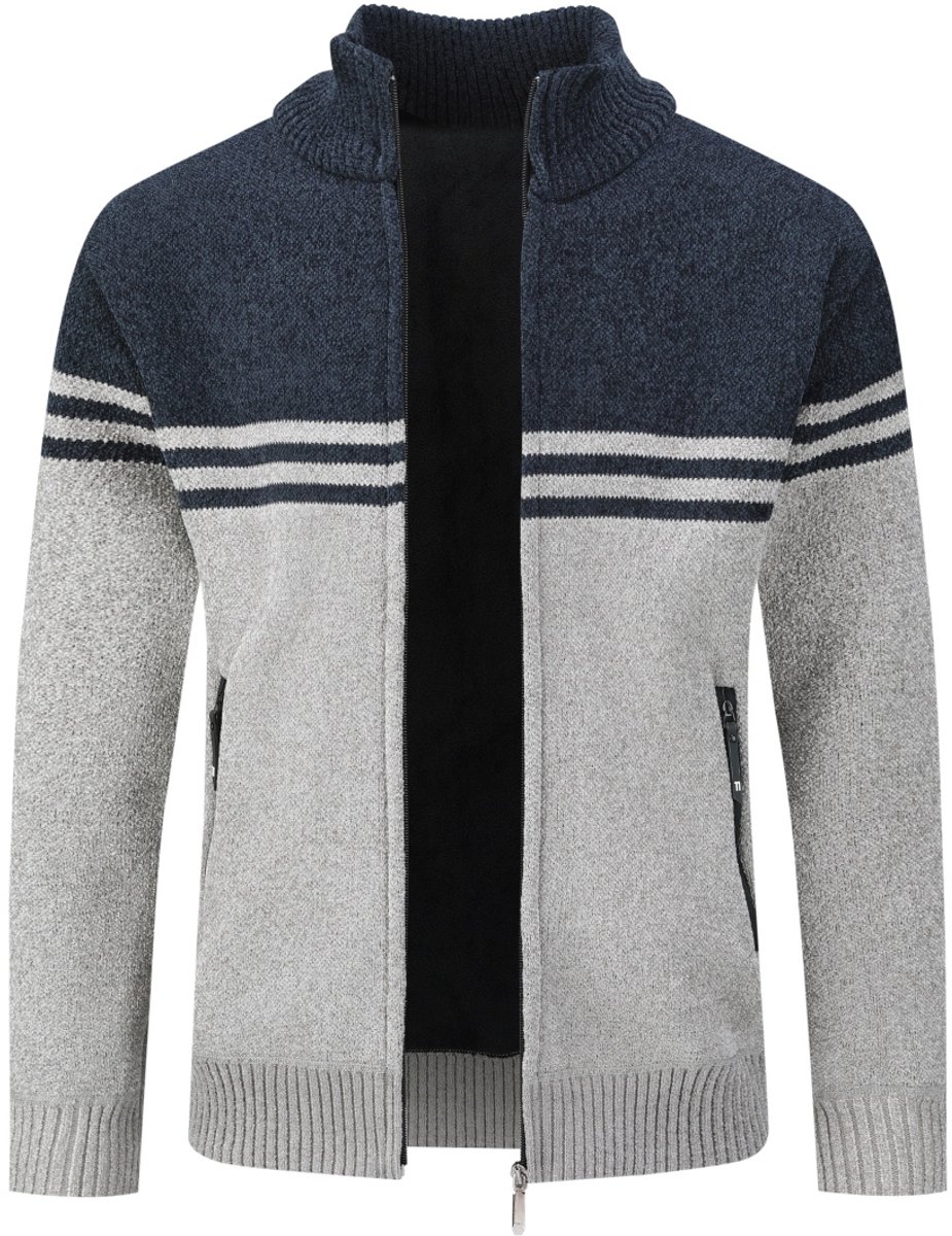 ALLTHEMEN Heren Cardigan met Opstaande Kraag - Gestreepte Ritssluiting - L