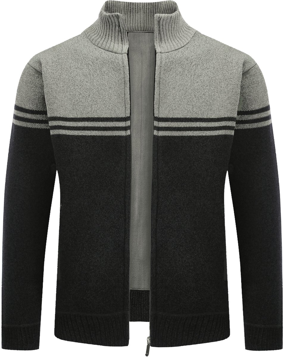 Allthemen Heren Cardigan met Opstaande Kraag Gestreepte Ritssluiting Grijs