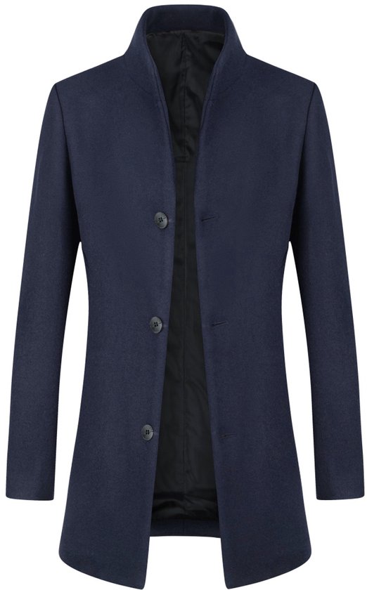 Manteau bleu marine en laine avec col montant et trois boutons.