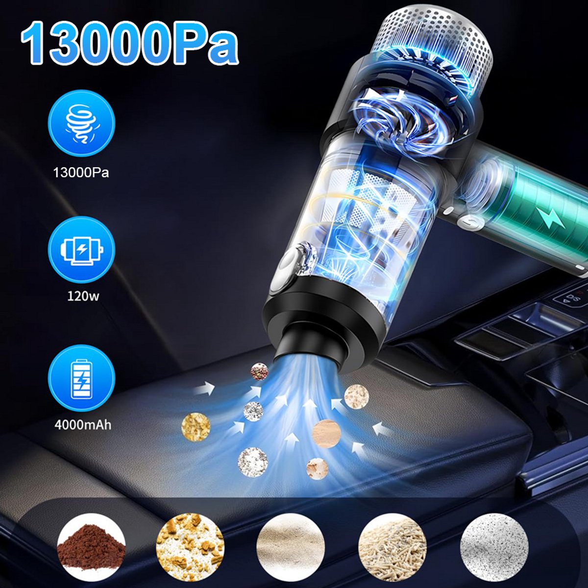 Draadloze mini-handstofzuiger - Autostofzuiger - 13000Pa - afbeelding 2