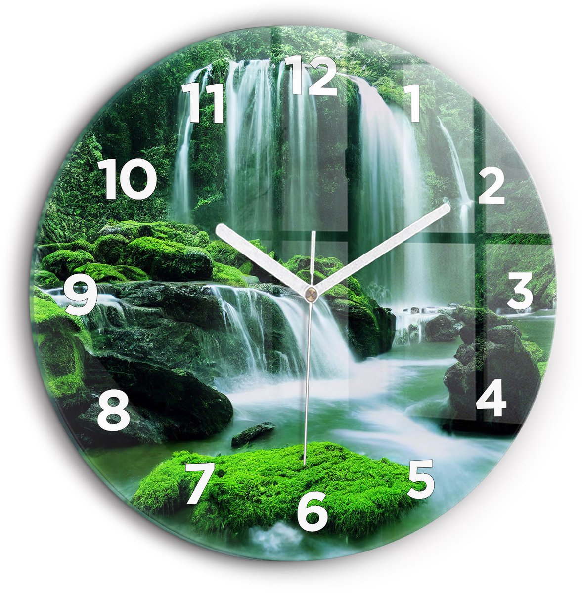 Wallfluent Wandklok - Waterval tussen het mos Klok met Afbeelding - 60 cm x 60 cm - Groente Wandklok - Witte Handen - Wandklok Met Cijfers - Stille Wandklok Slaapkamer - Ronde Glazen Wandklok - Minimalistisch Wandklok - Klok met Afbeelding