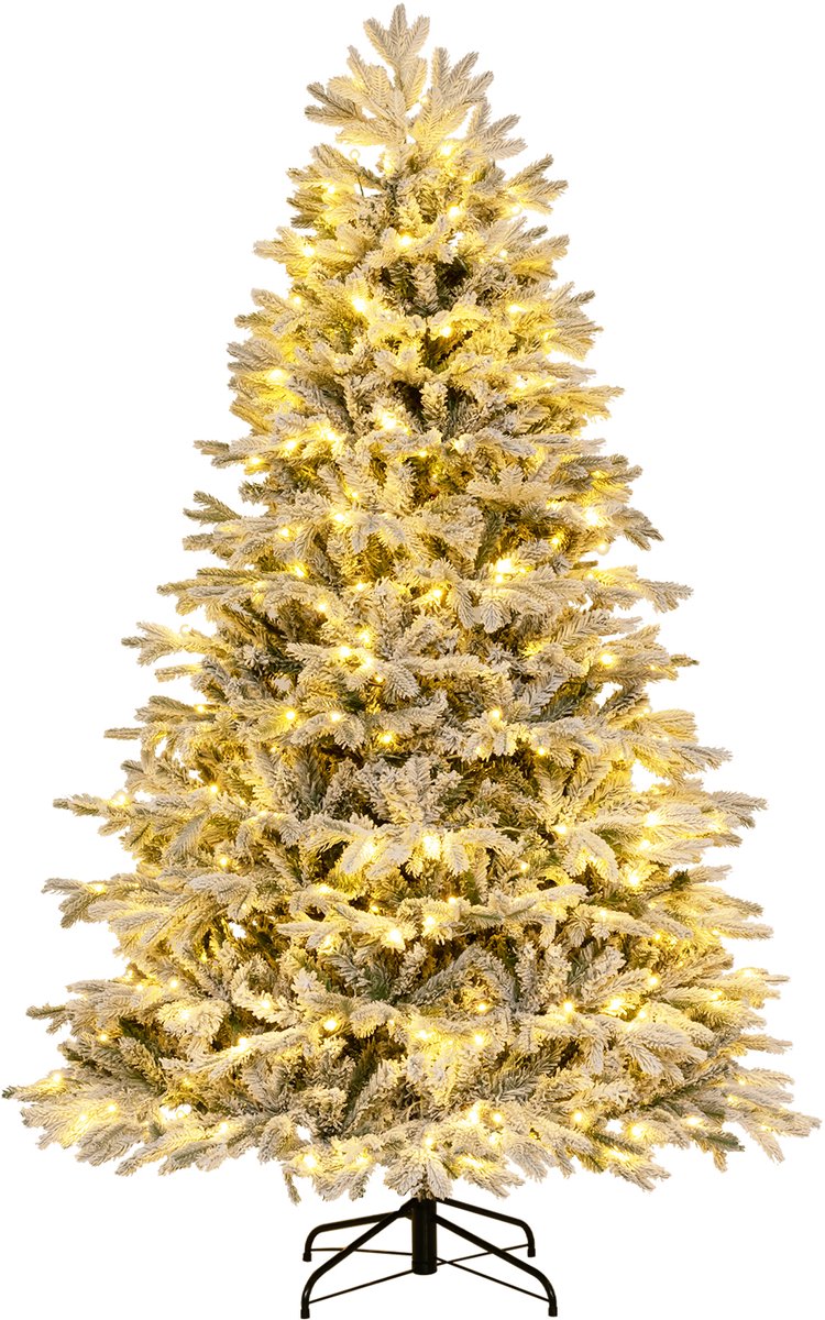 COSTWAY Kunstkerstboom met sneeuw en verlichting, 210 cm, dennenboom met 450 warmwitte ledlampen, 1328 gemengde takken, kerstboom, kunstboom Kerstmis, wit-groen
