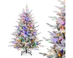 COSTWAY Kunstkerstboom, 146 cm, gevlokte dennenboom met 160 veelkleurige ledlampen, 8 lichtmodi en 436 takpunten, verlichte kerstboom voor thuis, bedrijf en kantoor