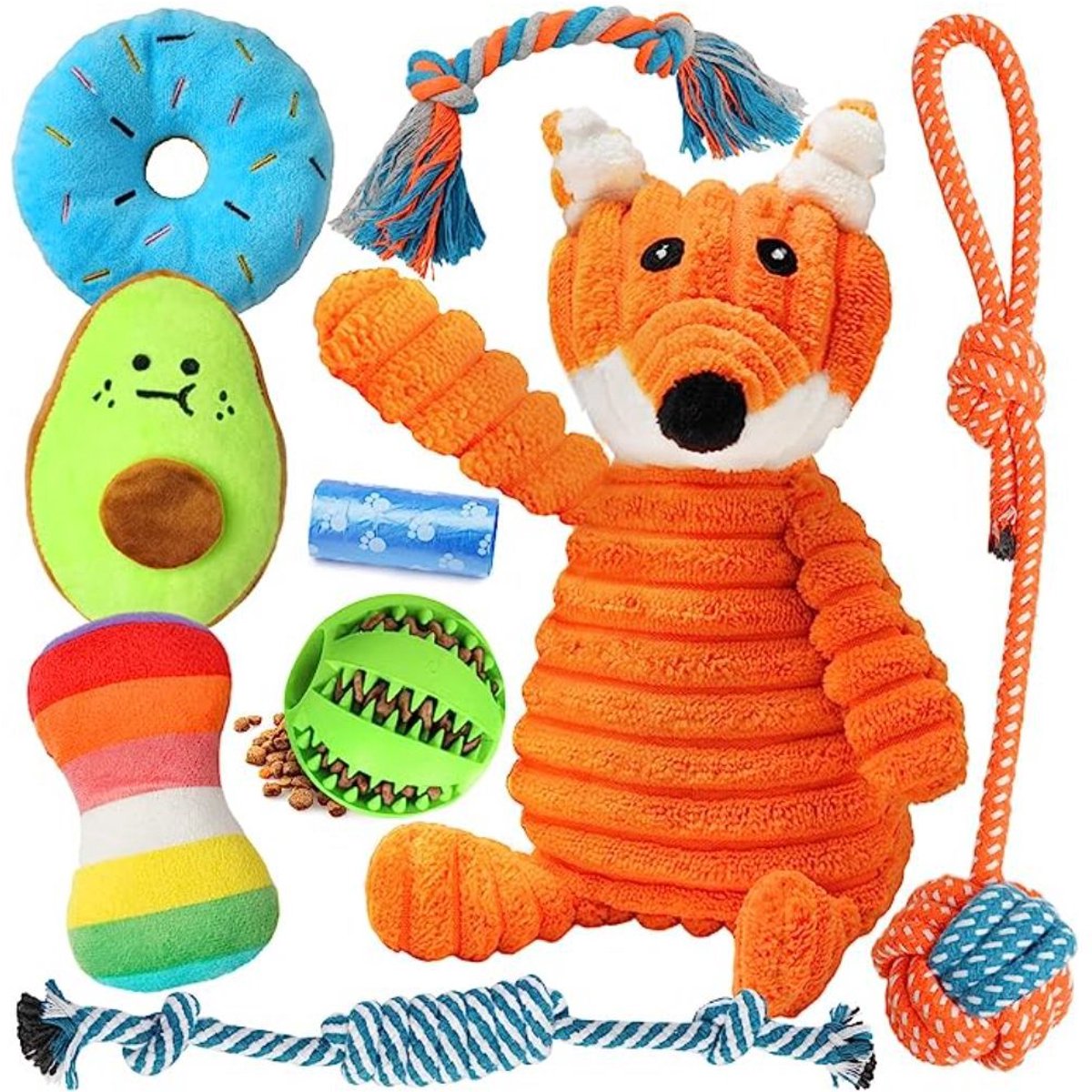 Cuhostki 1x 9-Delig Luxe Puppyspeelgoed Set – Kleurrijke Hondenknuffels Met Piepgeluid & Tandheelkundige Verzorging Voor Kleine Honden