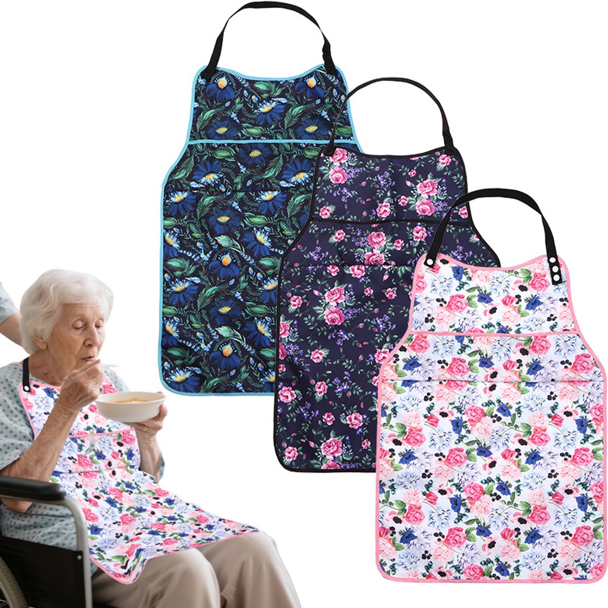 Image of 3-delige slabbetjes voor volwassenen voor vrouwen, herbruikbare slabbetjes voor volwassenen, kruimelvanger met bovenvak, waterdichte en afwasbare vaatbeschermer, cadeau voor vrouwen/moeders, gemakkelijk te gebruiken