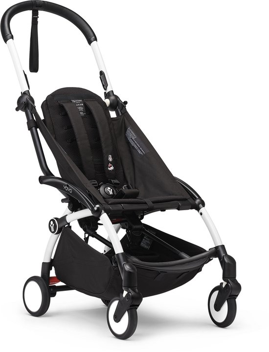 Stokke YOYO3 frame, wit - textielset niet inbegrepen - geleverd met 5-punts harnas, in meerdere posities verstelbare rugleuning, luifelverlengingen, gevoerde schouderriem en beschermende opbergtas