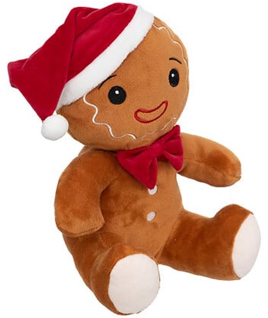 Pâte d'épice en peluche avec bonnet de Père Noël et nœud papillon, 25 cm.