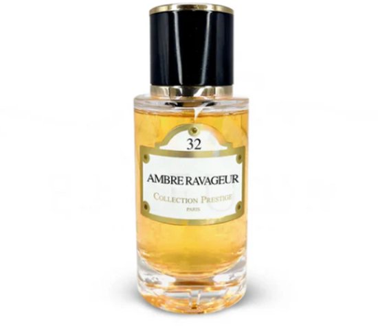 Flacon de parfum Ambre Ravageur avec bouchon doré et étiquette "32 AMBRE RAVAGEUR COLLECTION PRESTIGE PARIS".