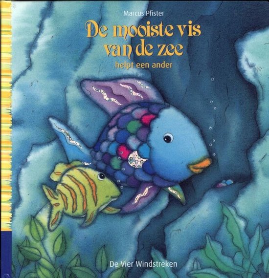 De Regenboogvis, met blauw lichaam en gekleurde schubben, zwemt met een geel gestreepte vis in de blauwe zee.