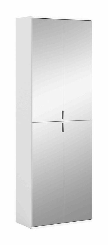 Witte kast met vier spiegeldeuren en zilverkleurige handgrepen.