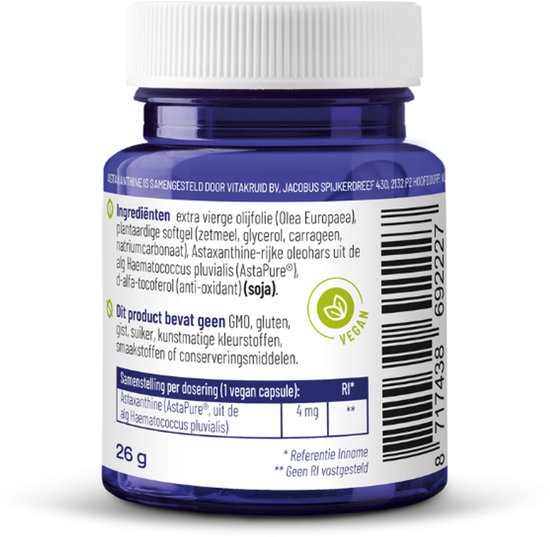 Paarse pot met 26g vegan capsules. Label met ingrediënten en vegan logo.
