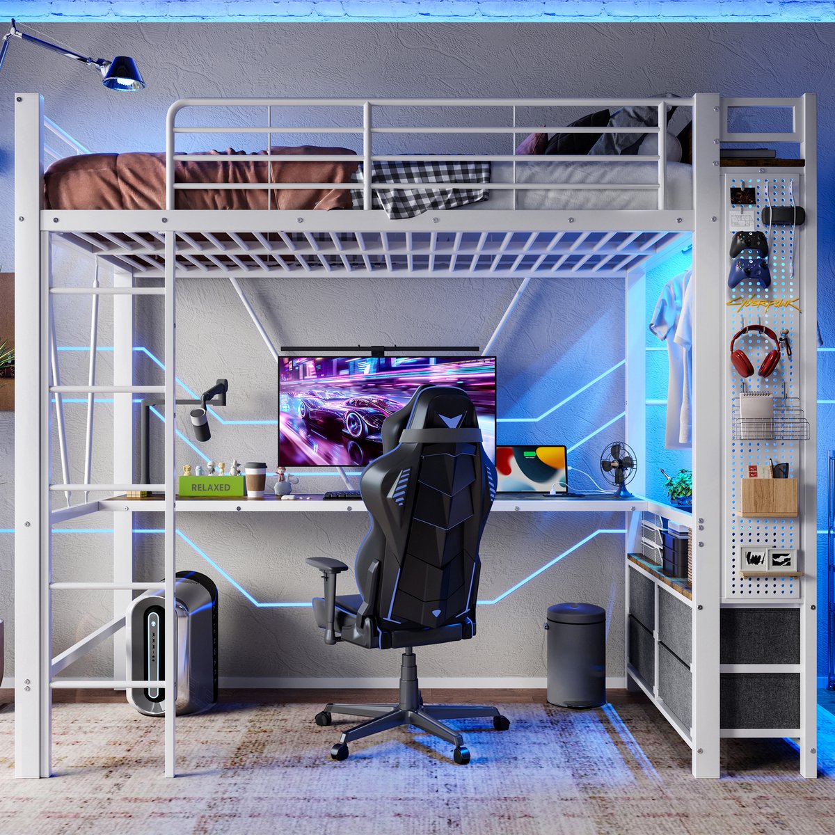 Merax Hoogslaper 90 x 200 cm - met bureau - met droogstaaf - met opbergplank - 4 lades - met USB aansluiting - LED verlichting - zonder matras - wit