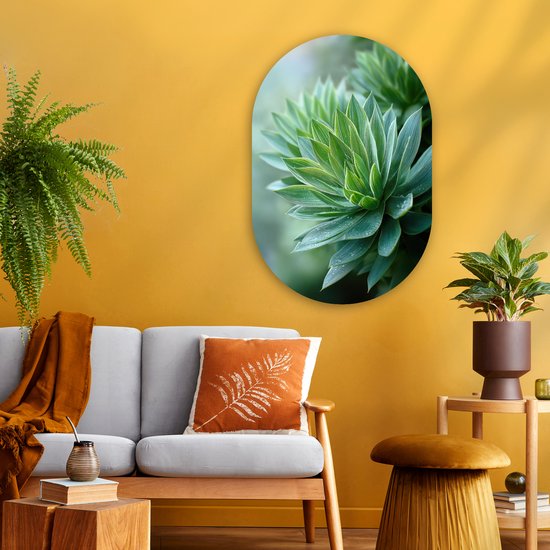 Muurovaal 60x90 cm - Ovale wanddecoratie Blad - Plant - Groen - Textuur - Ovalen schilderij - Muurdecoratie woonkamer - Kamer decoratie - Schilderijen - Wandcirkel