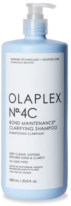 Grote lichtblauwe Olaplex N°.4C Bond Maintenance Clarifying Shampoo pompflacon.