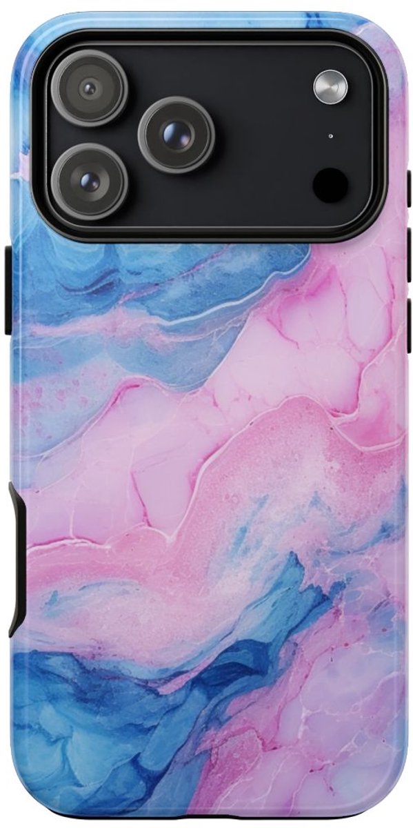 Blauw-Roze Marmerstructuur – Glanzend Stevig Hoesje Geschikt voor iPhone 17 Pro Max