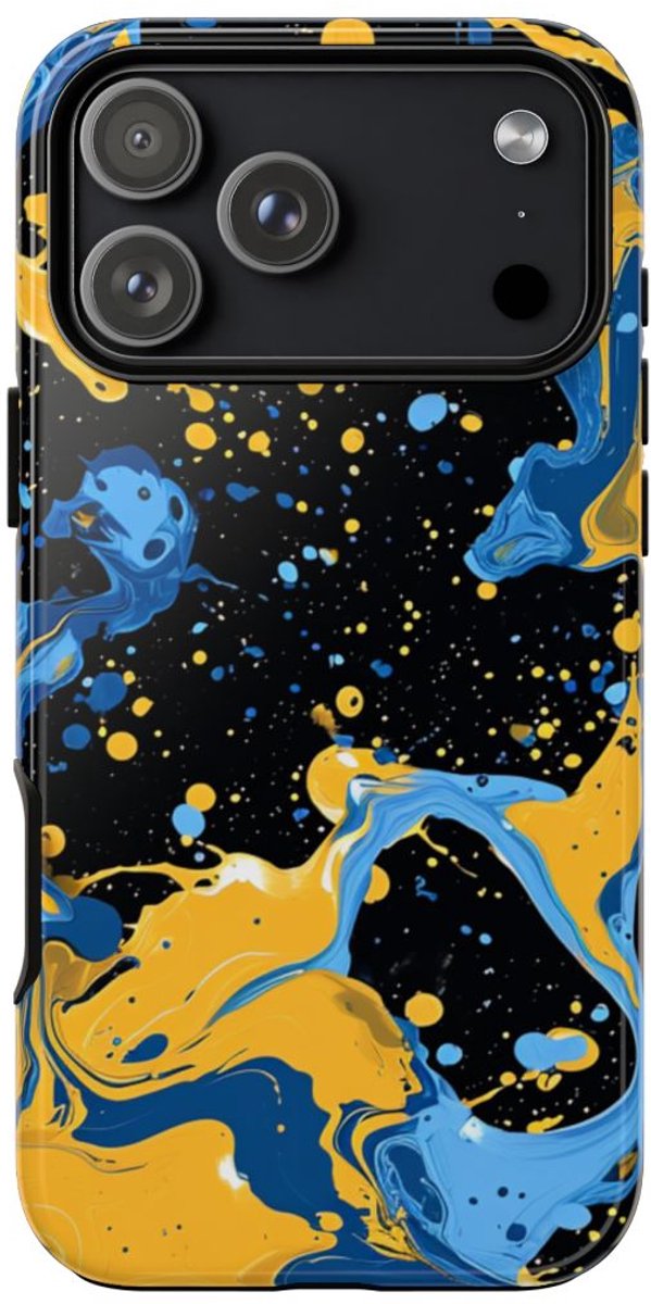 Blauwe en Gele Verfspatten Abstract – Telefoonhoesje Geschikt voor iPhone 17 Pro Max