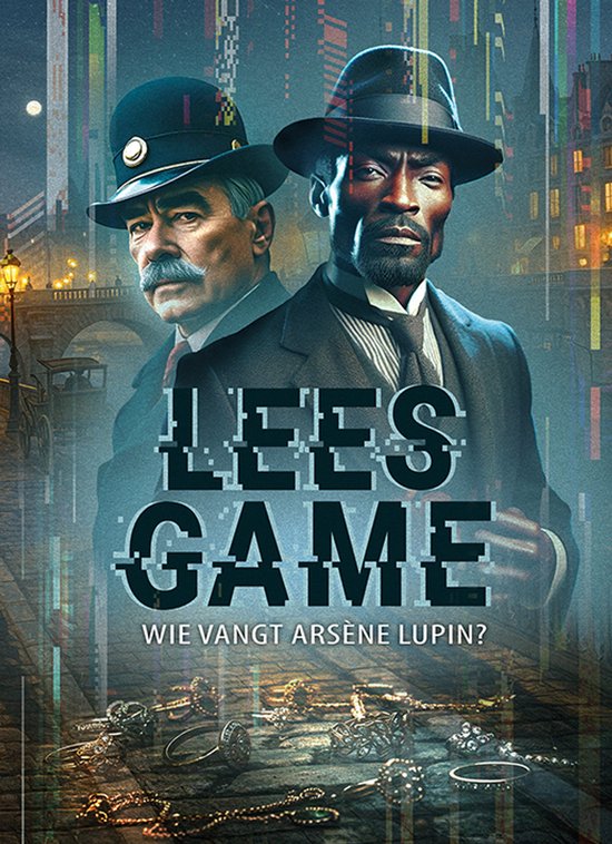 Jeu-livre : Qui attrapera Arsène Lupin ? Deux hommes en costume. L'un avec moustache et chapeau, l'autre avec chapeau et cravate. Clés sur la table.