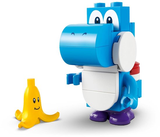 Blauwe Yoshi Lego-figuur met bananenschil.
