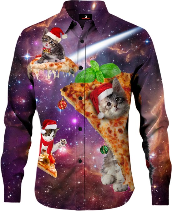 Kerst Overhemd Met Katten En Pizza's - Maat L - Fout Kerstmis Overhemd - Heren Overhemd - Dames Overhemd - Foute kersttruien - Kerst outfit - Kerstkleding -