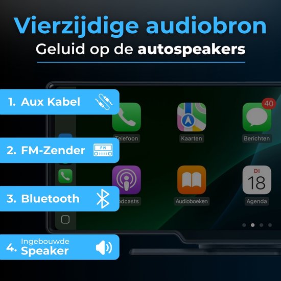 Vierzijdige audiobron: scherm toont Carplay-icoontjes en de opties Aux kabel, FM-zender, Bluetooth en ingebouwde speaker.