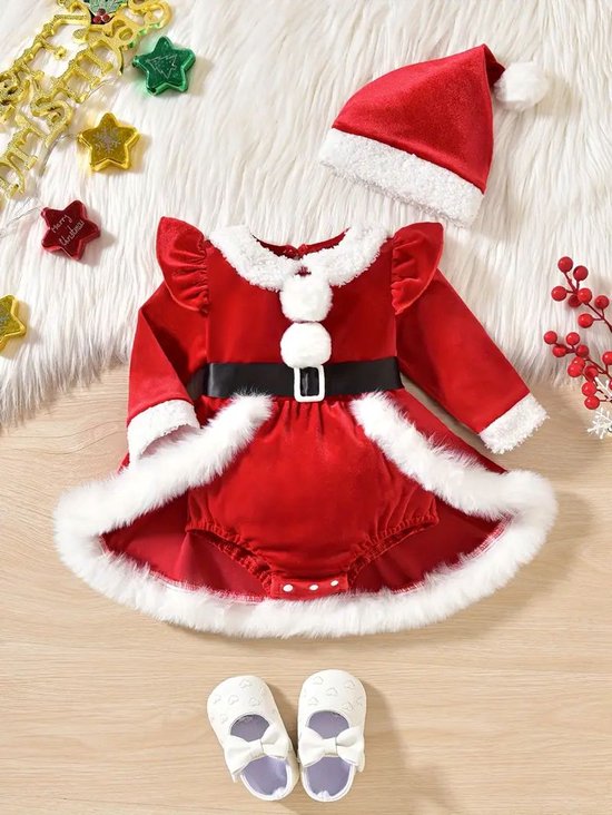 Robe de Noël Bébé fille – Rouge avec détails en fourrure Witte et chapeau – Barboteuse festive pour Noël et séances photo 3/6 mois