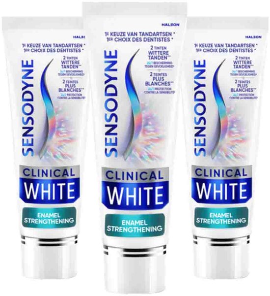 Drie tubes Sensodyne Clinical White tandpasta met een blauwe en witte streep die naar beneden krult.