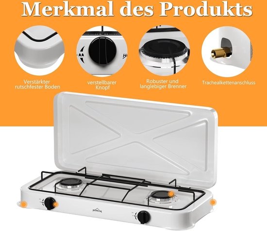 Gas kooktoestel 2-pits - Compact campingfornuis met deksel - Inclusief 1,5 m gasslang & drukregelaar 50 mbar - Wit — afbeelding 5
