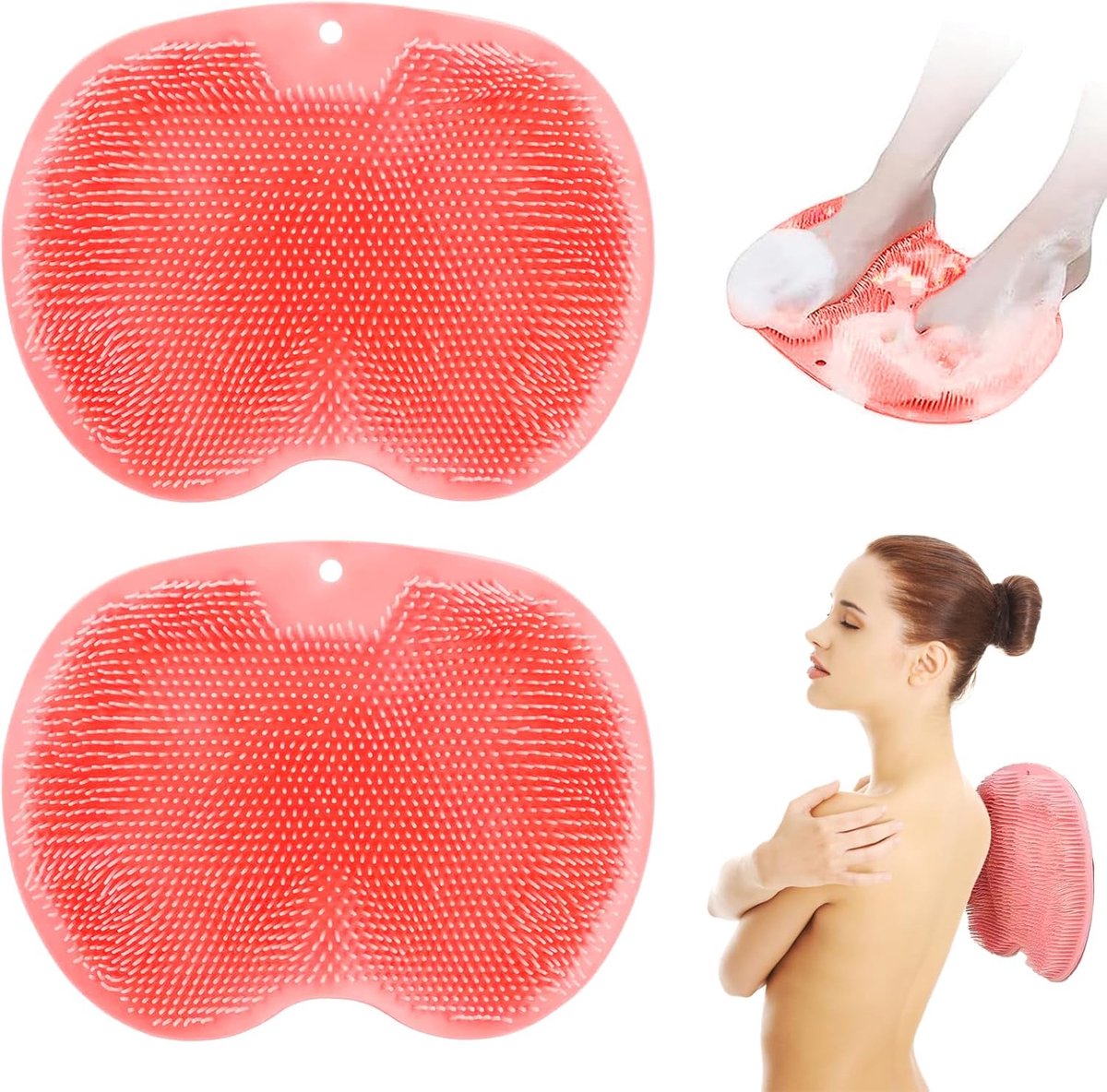 Daity Set van 2 - Siliconen badmat - douchevoetreiniger - antislip zuignap voetmassager - rugreiniger - geschikt voor douchevloer en voeten (roze)