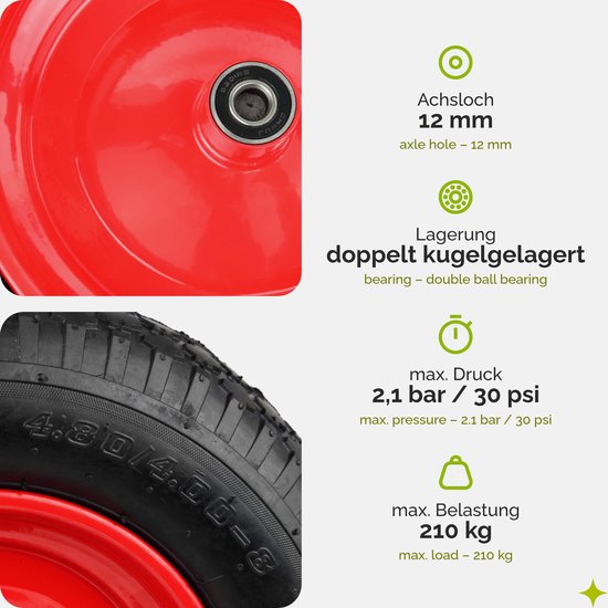 GARRONDA - Vervangwiel Kruiwagen 4.80/4.00-8 Kruiwagenwiel Ø 390 mm Luchtband 2PR Band tot 100 kg met As Stalen Velg Kogellager voor Tuinwagen Erf Bouwplaats GD-0163, Zwart-Rood van Garronda — afbeelding 5